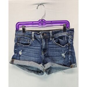 Eunina High Rise High Low Rolled Shortie Denim Distressed Shorts Blue Sz L